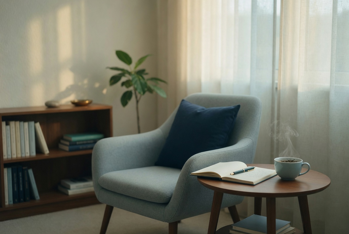A quiet reading corner with an armchair and books
