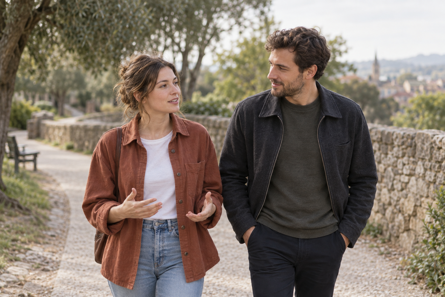 A woman and her partner walking and talking along a park path